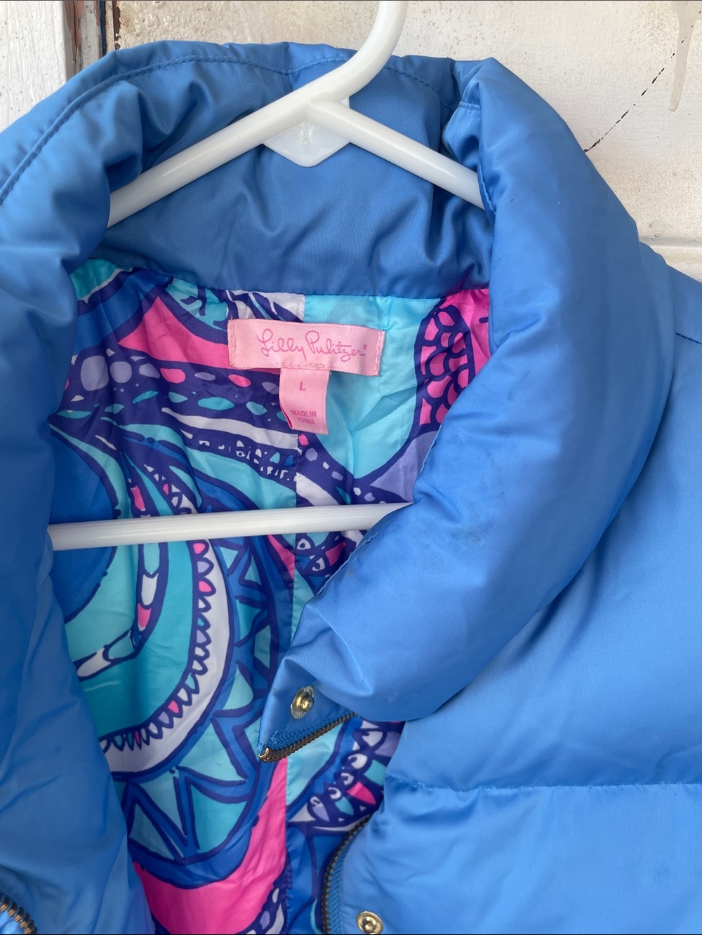 Lilly Pulitzer Bright Blue Puffer Jacket with Colorful Printed Lining